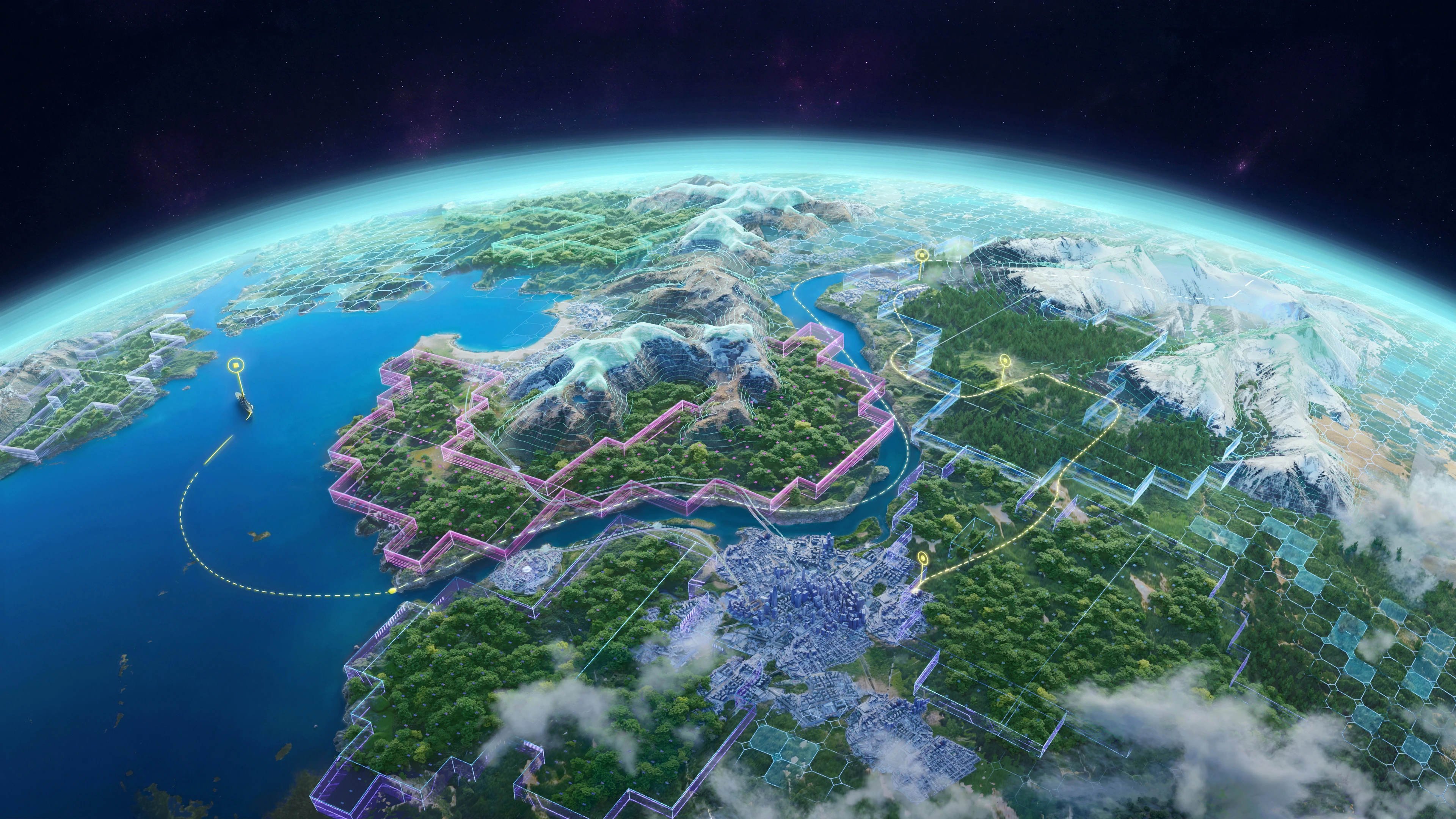 A view of Earth with digital terrain grids, connected regions, and illuminated paths.