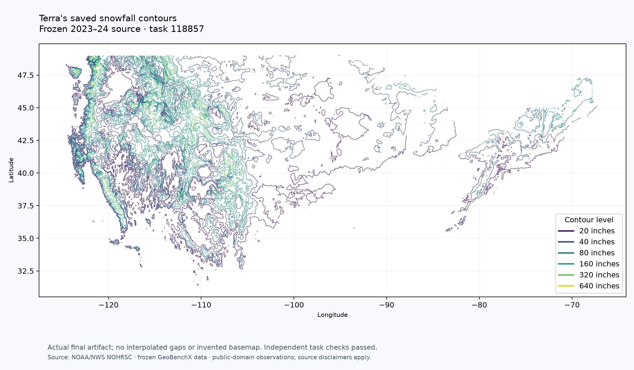 Actual final snowfall contours, with six independently checked levels in inches